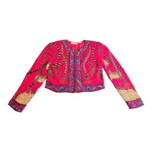 Vintage Sweelo Trophy Jacket Cardigan Red w/ Multicolor Beading Women Size S